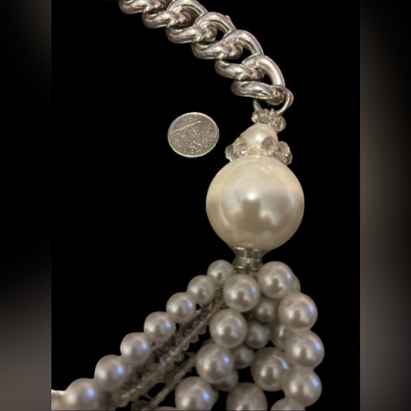 Chunky Faux Pearl, Crystal & Stainless Steel Statement Necklace - Picture 8 of 9